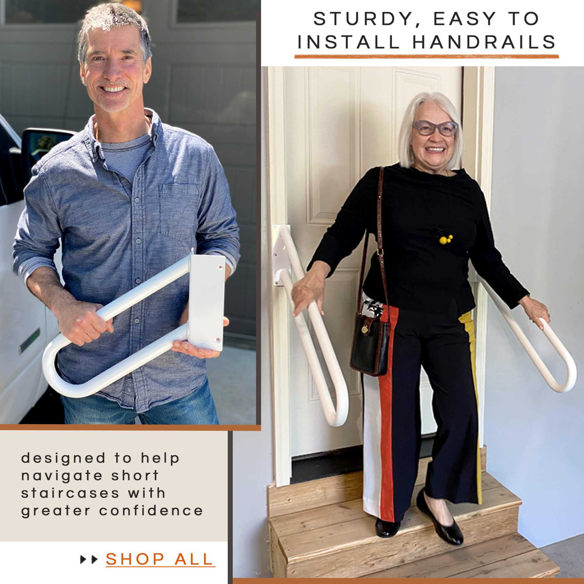 Sturdy, Easy to Install Handrails, navigate short stairs with confidence.
